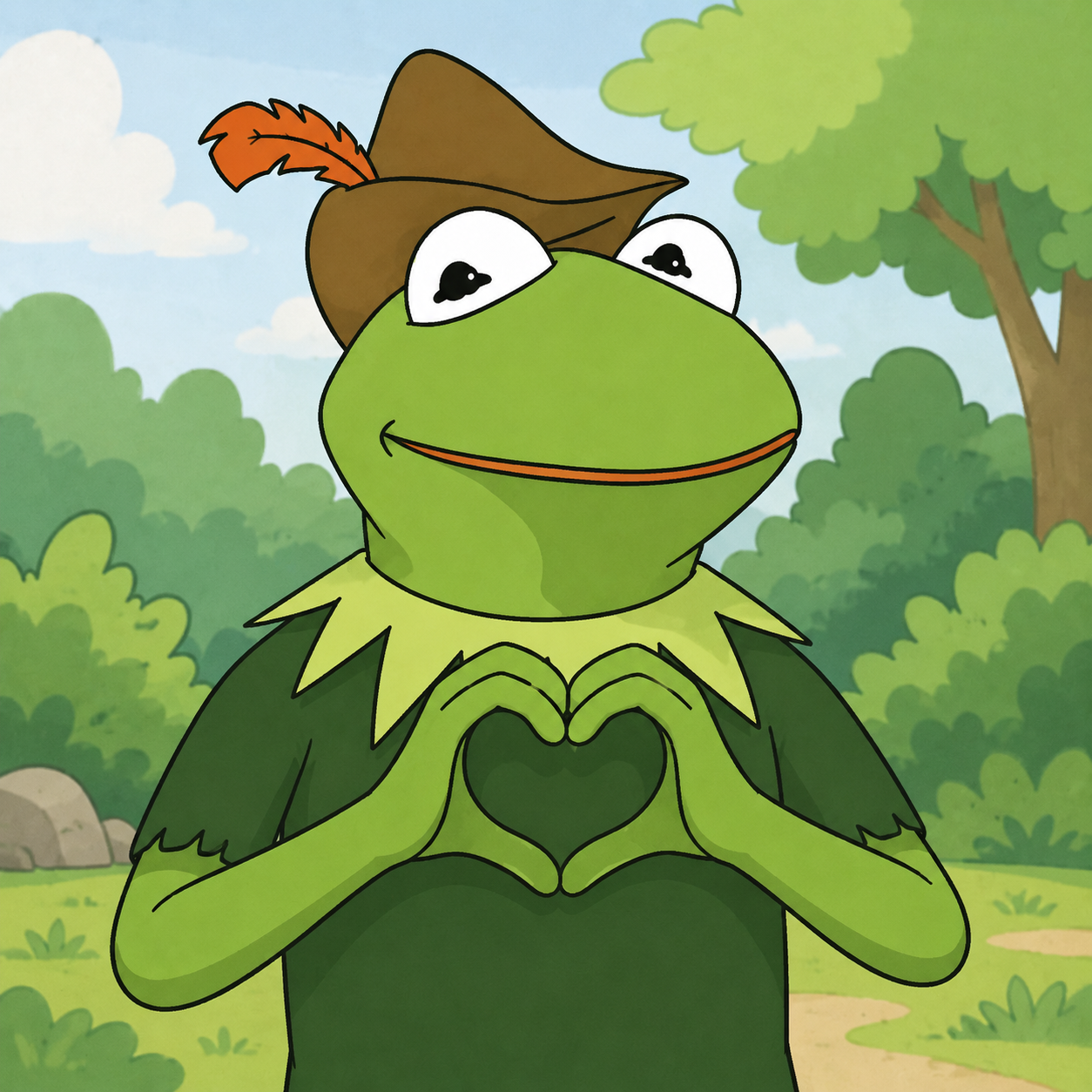 Robin makes a heart shape with his hands.