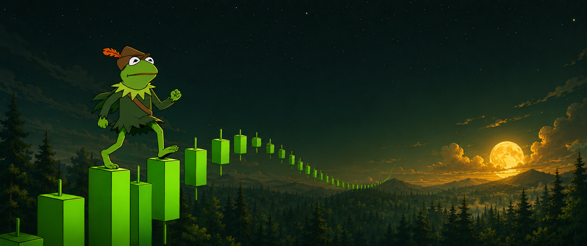 Robin strides upward across green candlesticks toward the moon.