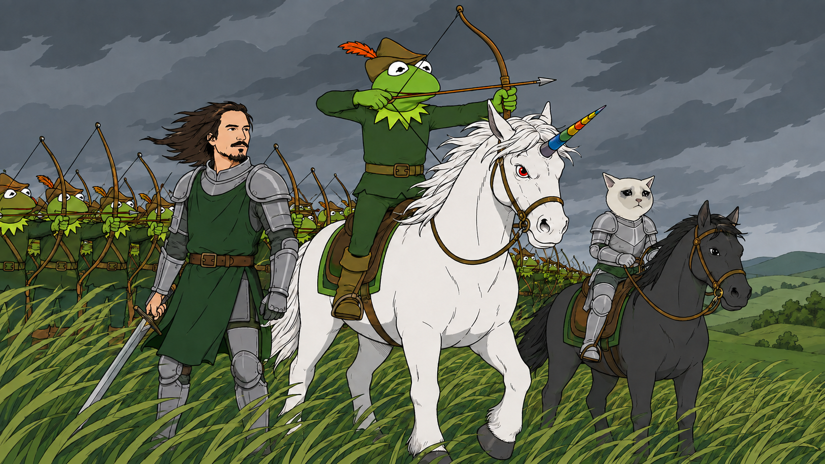 Robin on a unicorn leading a volley of arrows with the Sherwood army