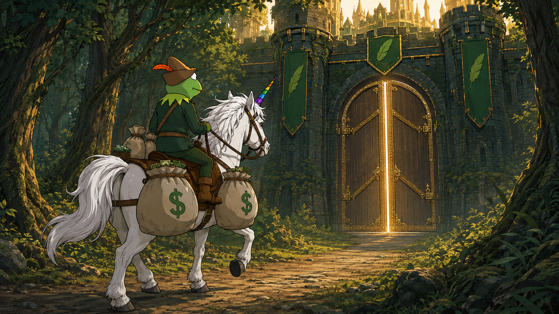 Robin arriving at a forest castle on a unicorn carrying bags of money