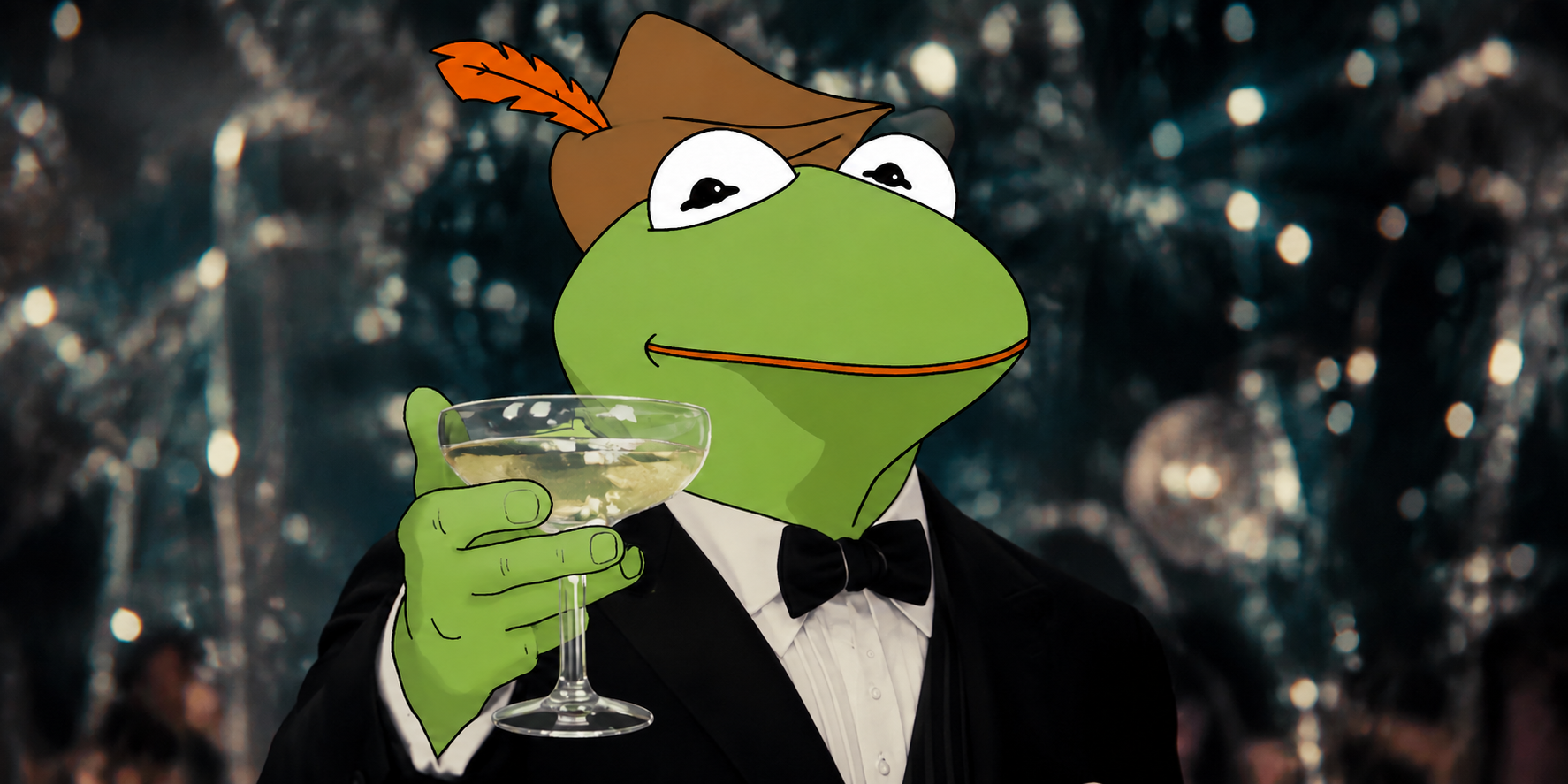 Robin in a tuxedo raising a glass