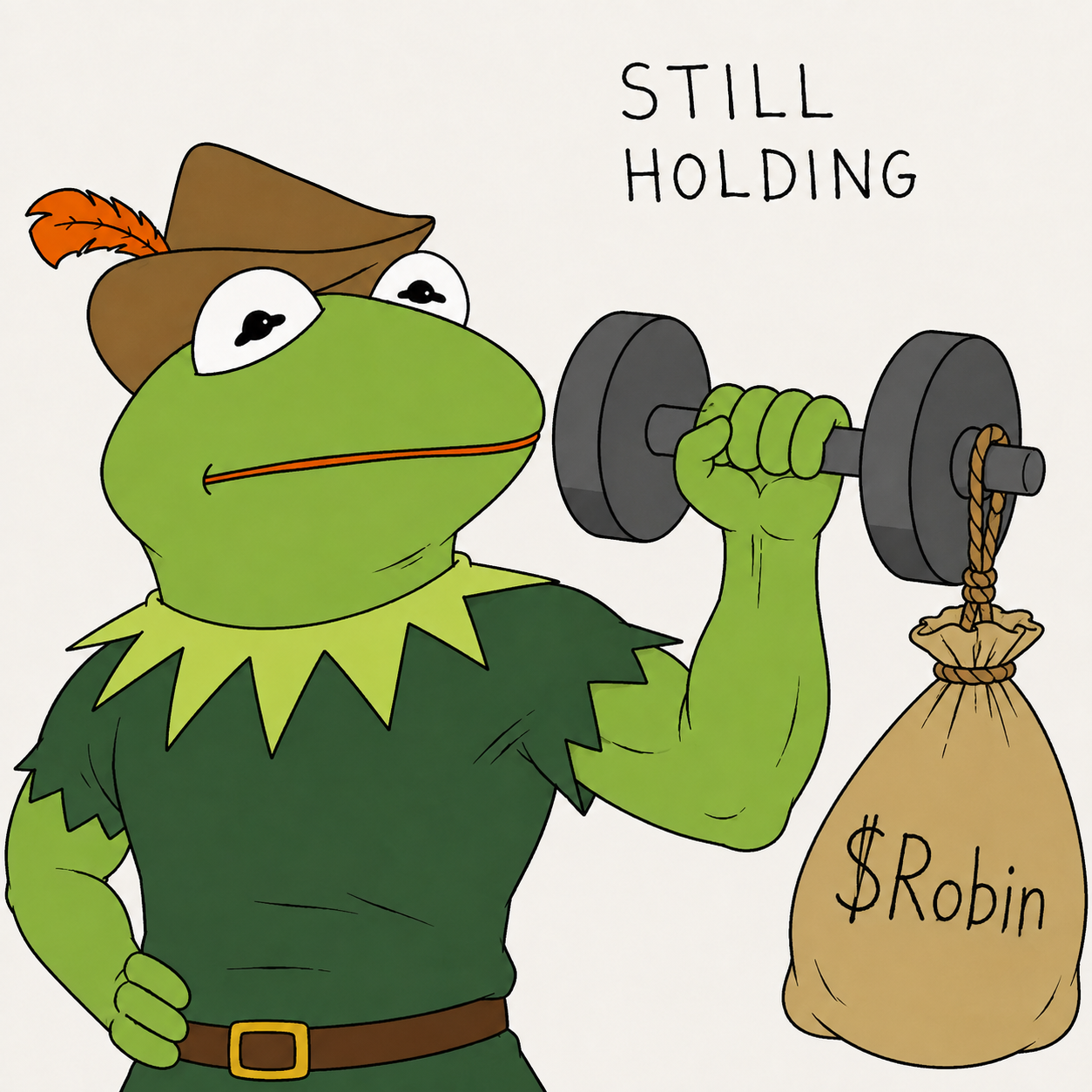 Robin lifting a dumbbell with a bag of $Robin hanging from it