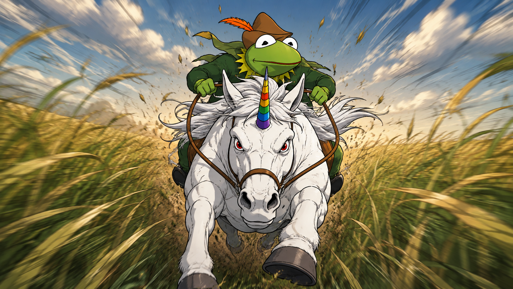 Robin charges through the forest on a unicorn